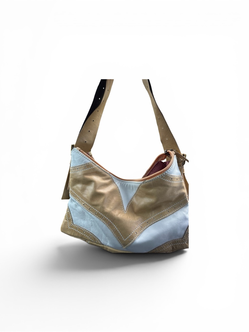 Coccinelle Leather Patchwork Shoulder Bag in Light Blue and Tan